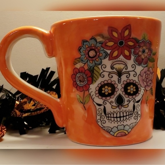 NWOT Set Of 2 Orange Day Of The Dead Ceramic Mugs - Picture 5 of 5